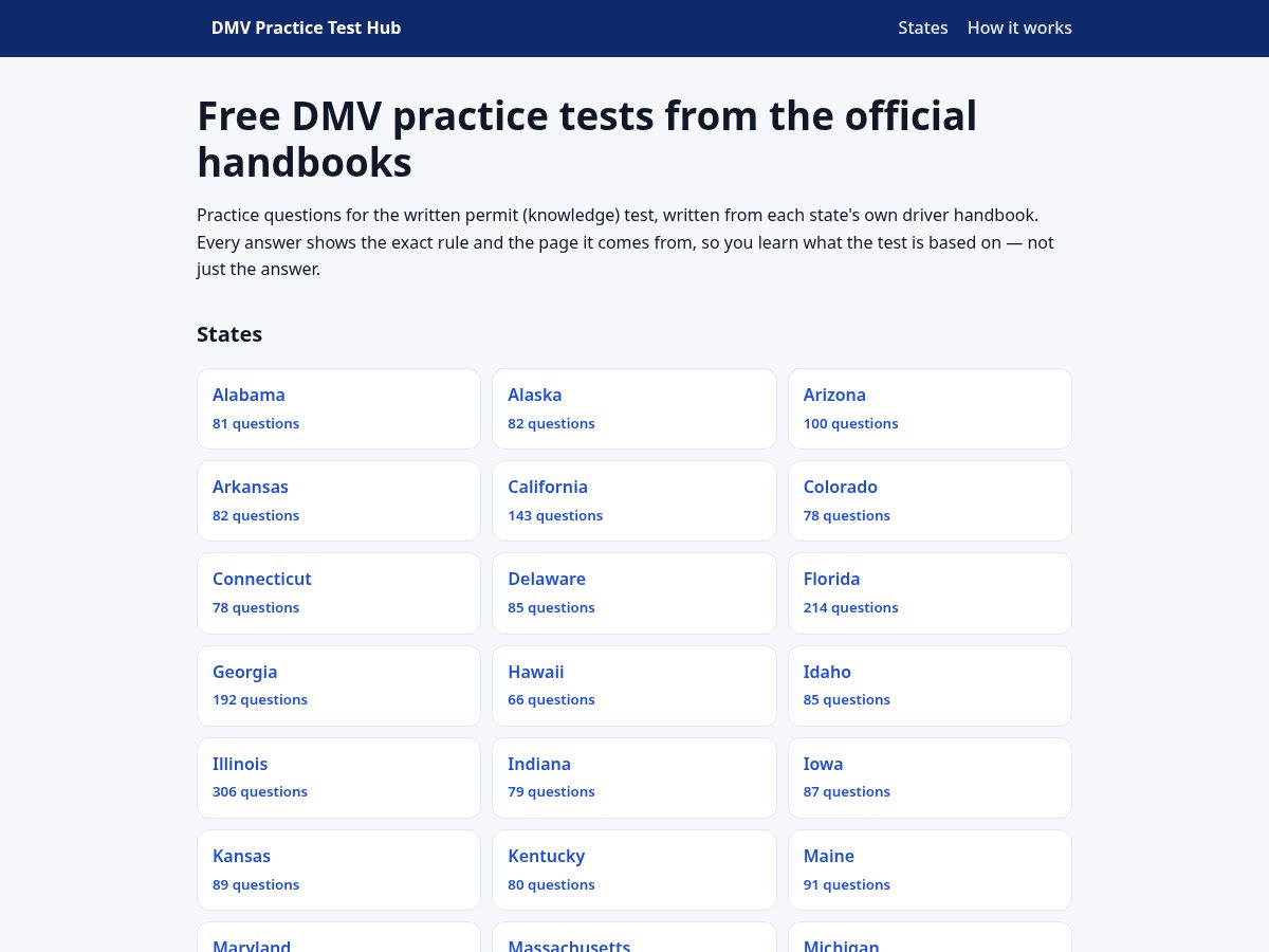 Landing-page snapshot of dmvpracticetesthub.com