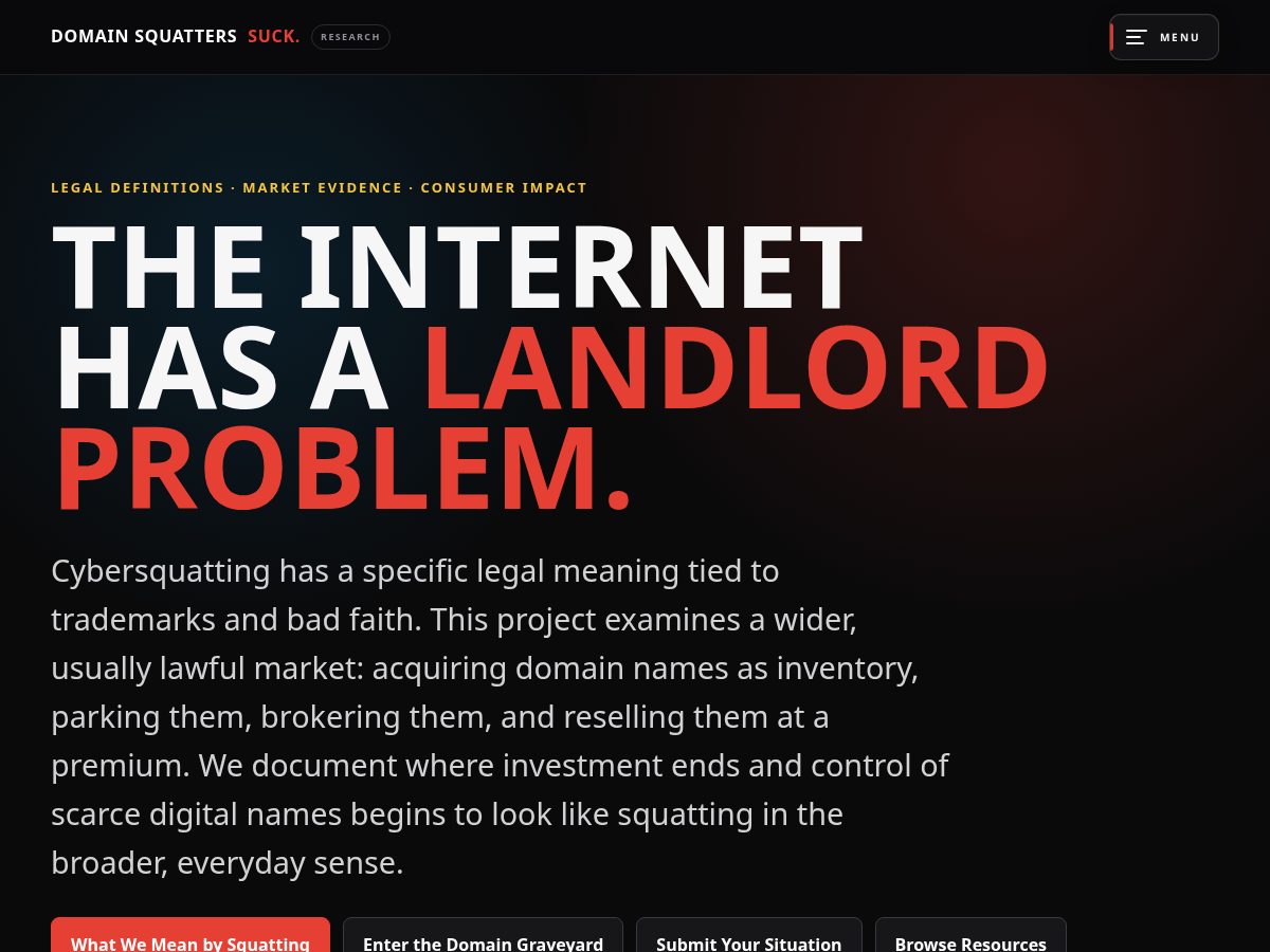 Landing-page snapshot of domainsquatterssuck.com