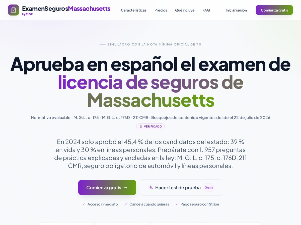 Landing-page snapshot of examensegurosmassachusetts.com