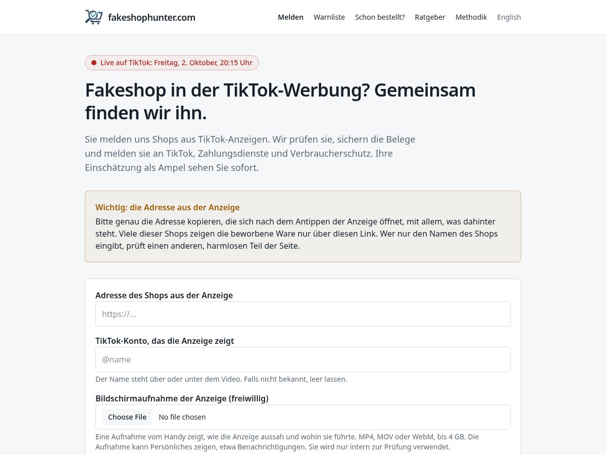 Landing-page snapshot of fakeshophunter.com