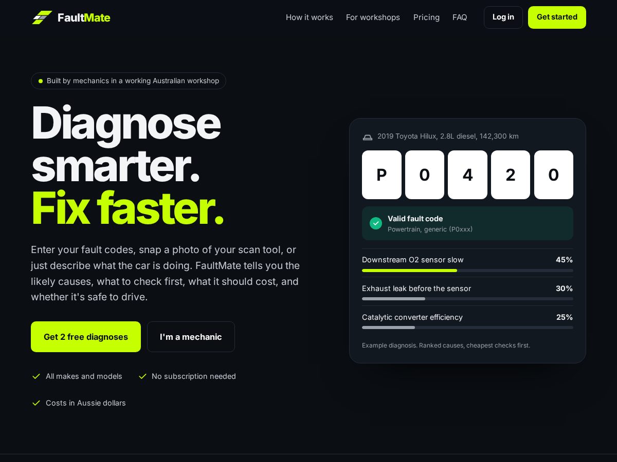 Landing-page snapshot of faultmate.app