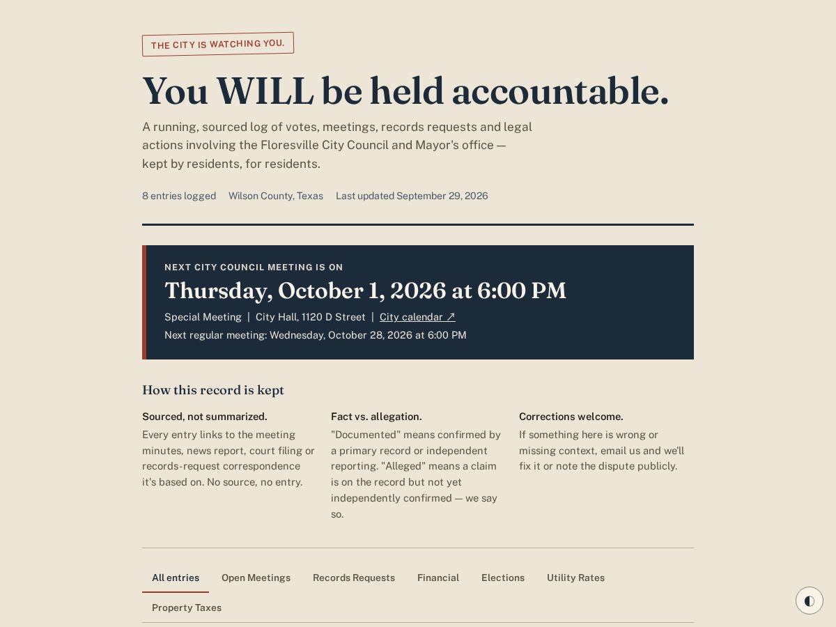 Landing-page snapshot of floresvilleoversight.org