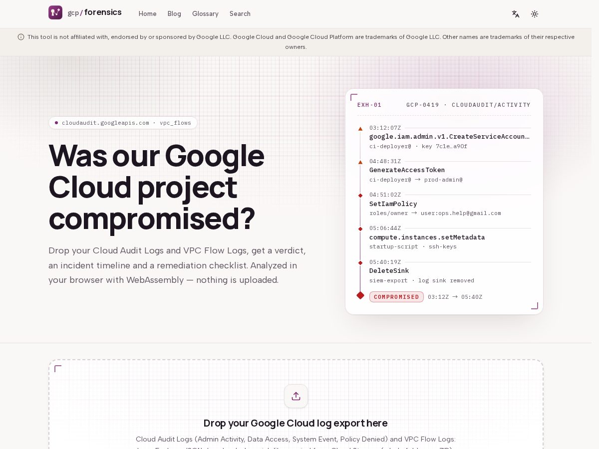 Landing-page snapshot of gcpforensics.com