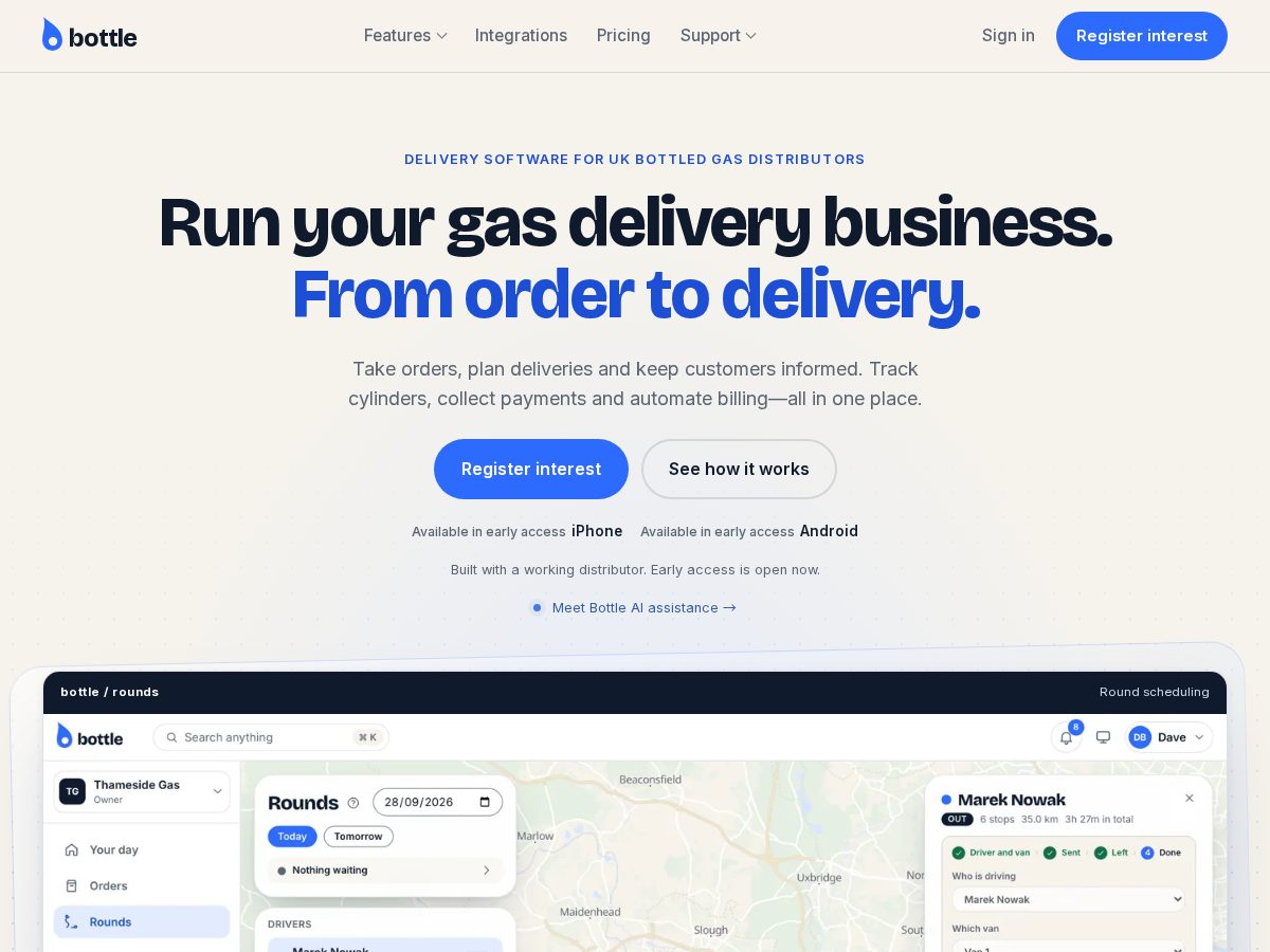 Landing-page snapshot of getbottle.app