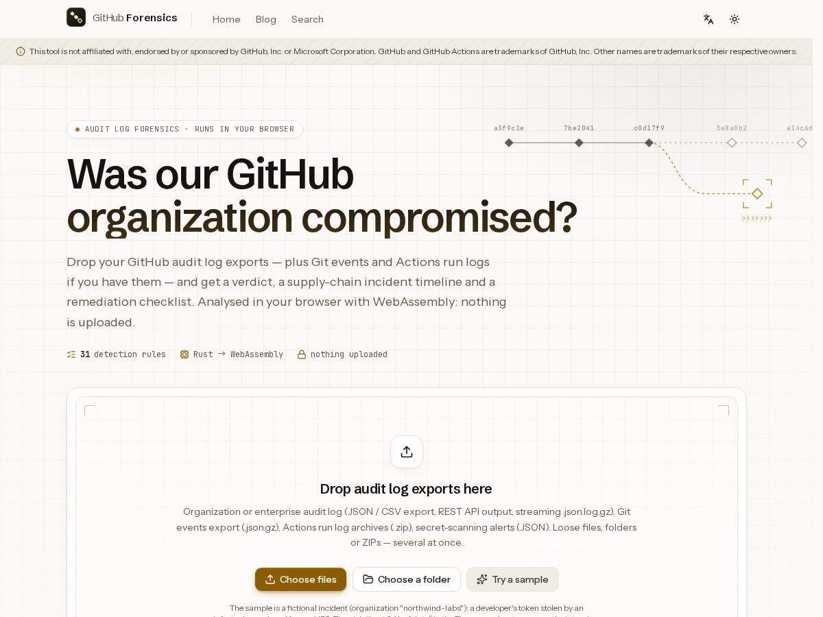 Landing-page snapshot of githubforensics.com