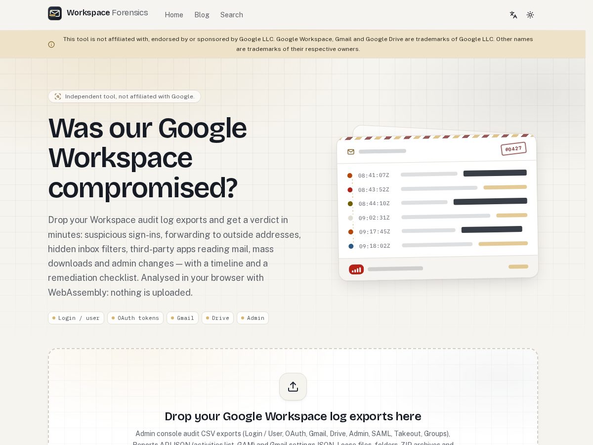 Landing-page snapshot of googleworkspaceforensics.com