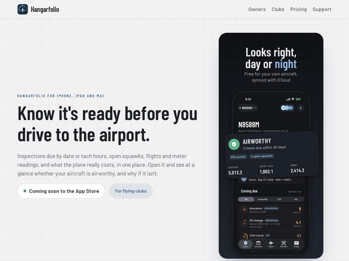 Landing-page snapshot of hangarfolio.com