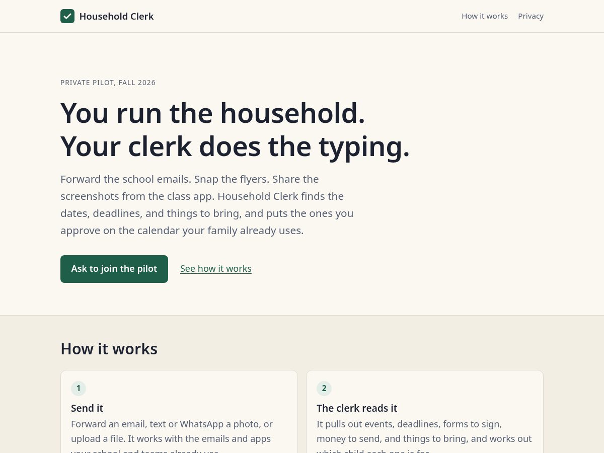 Landing-page snapshot of householdclerk.app