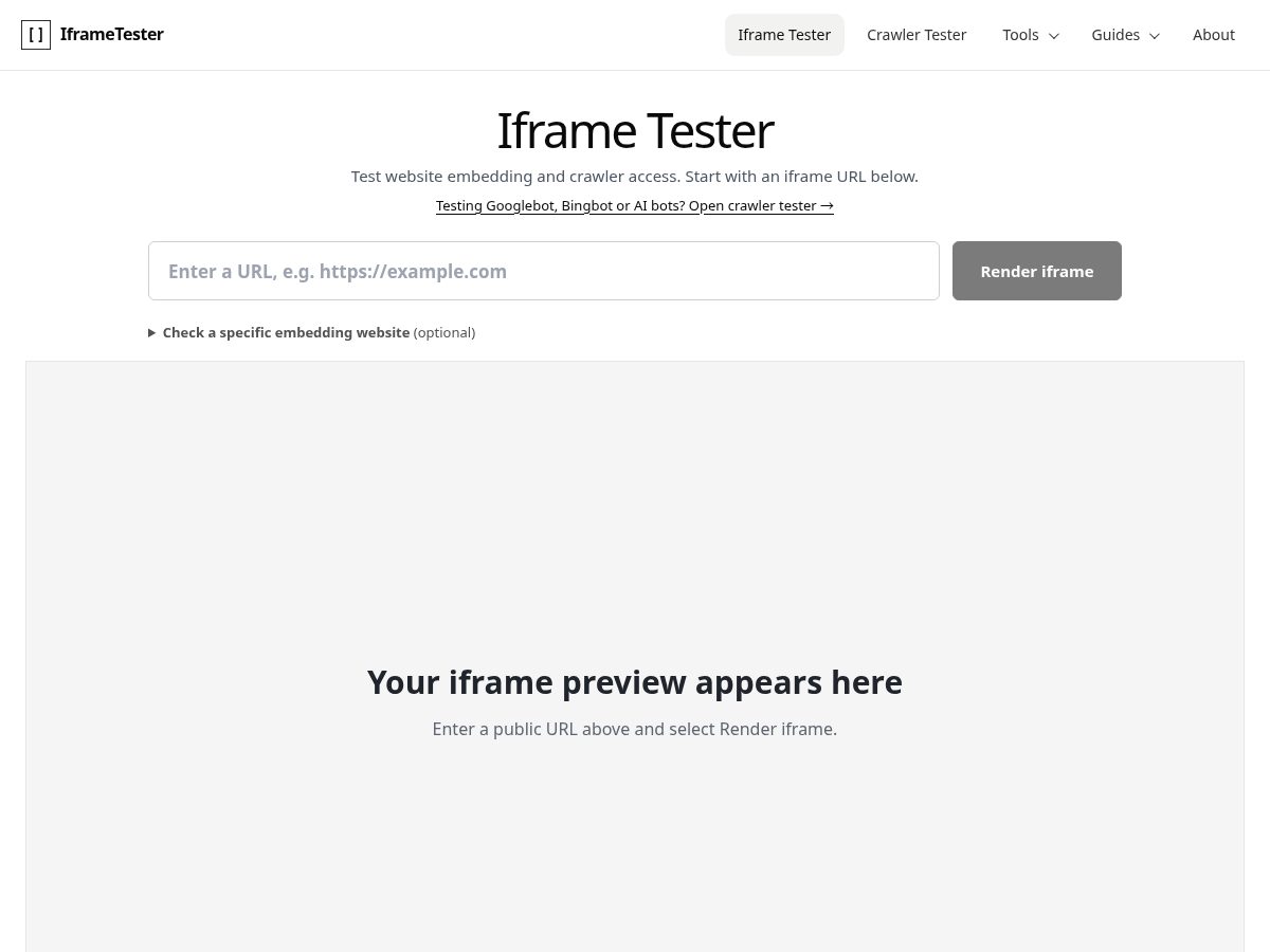Landing-page snapshot of iframetester.net