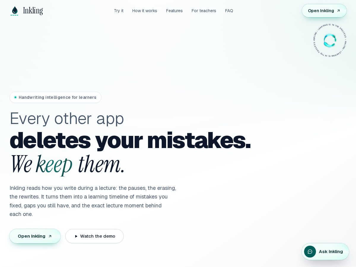 Landing-page snapshot of inklingapp.tech
