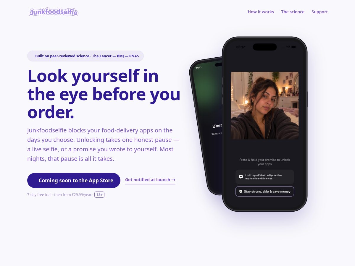 Landing-page snapshot of junkfoodselfie.com