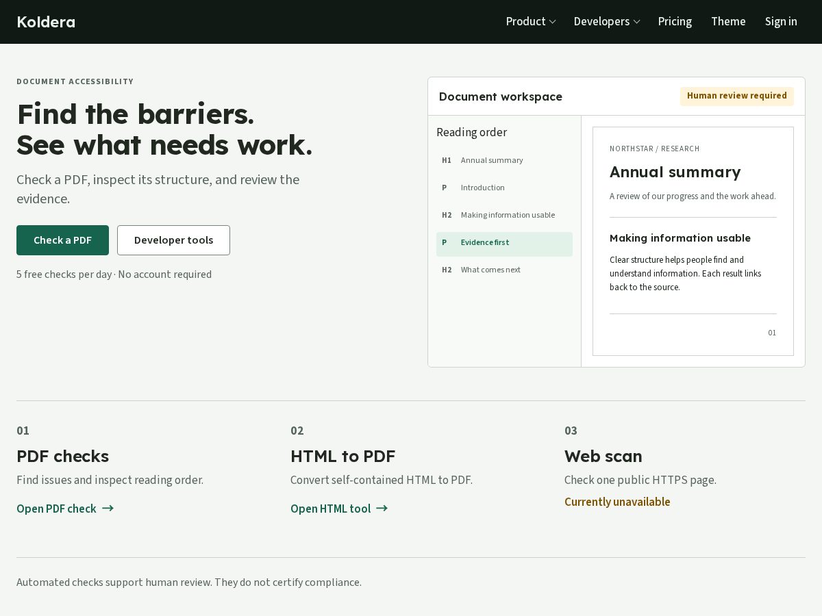 Landing-page snapshot of koldera-accessibility.dev