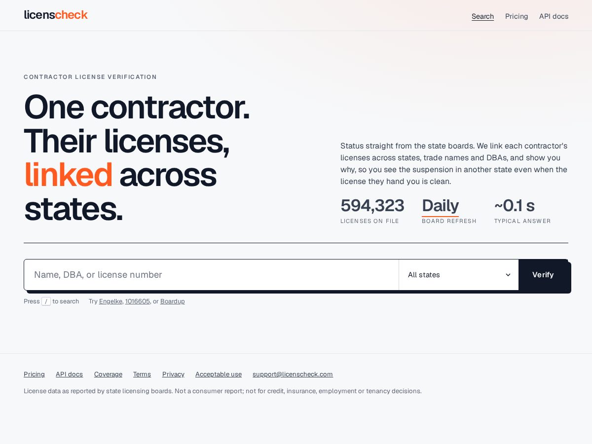 Landing-page snapshot of licenscheck.com