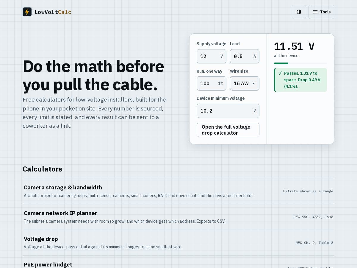 Landing-page snapshot of lowvoltcalc.com