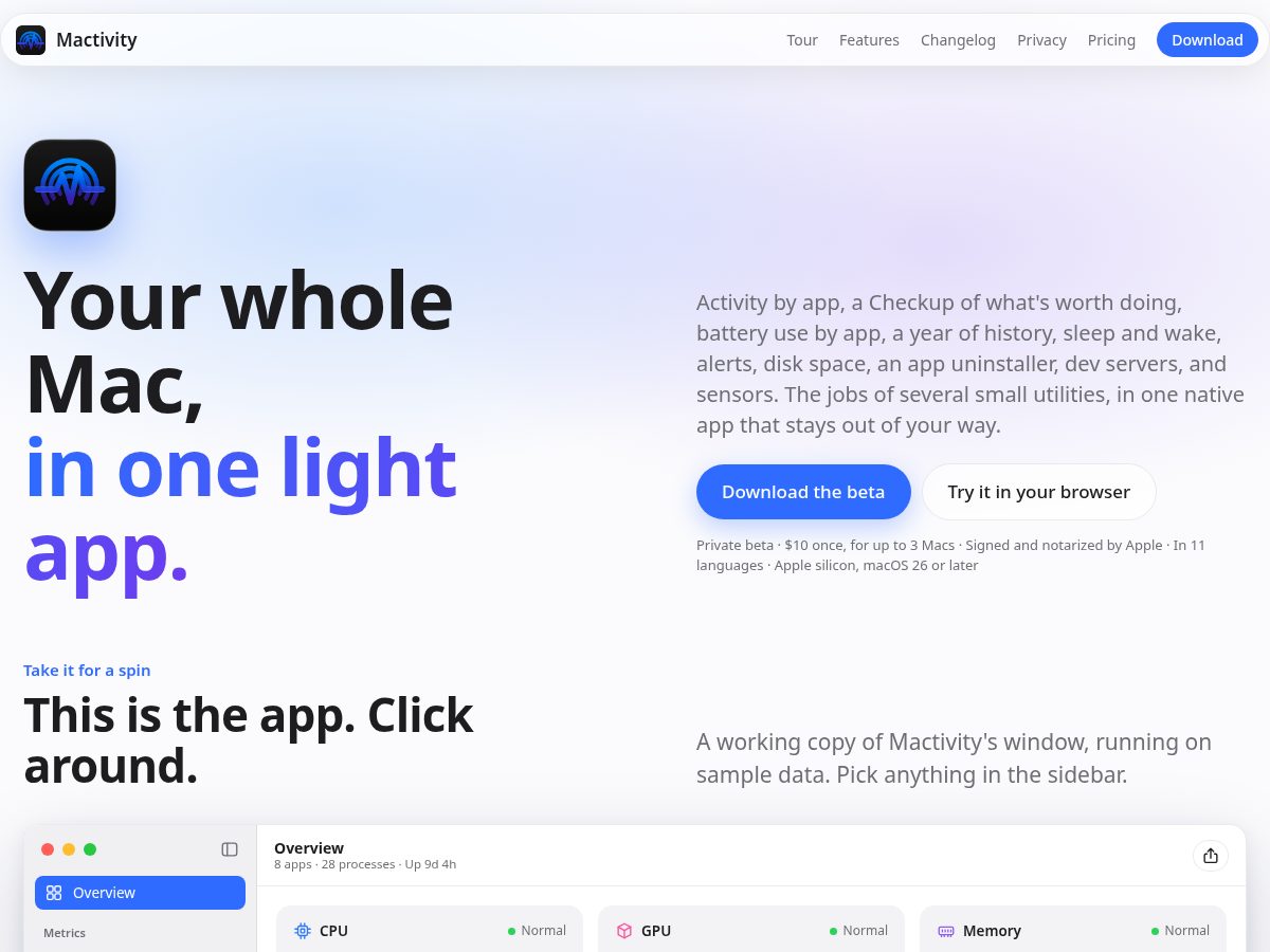 Landing-page snapshot of mactivity.app