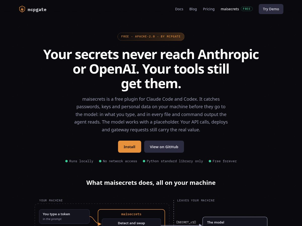 Landing-page snapshot of maisecrets.dev