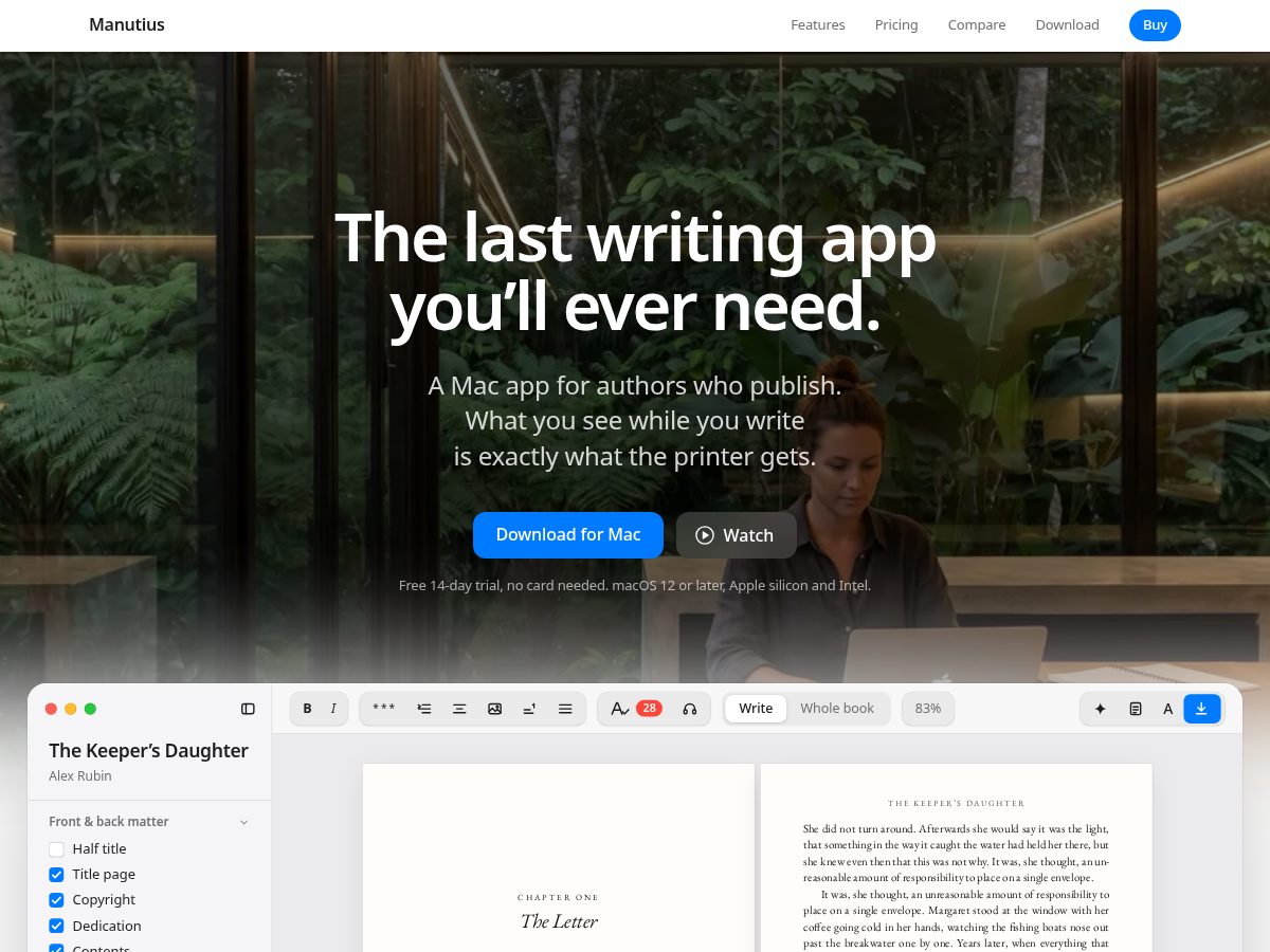 Landing-page snapshot of manutius.app