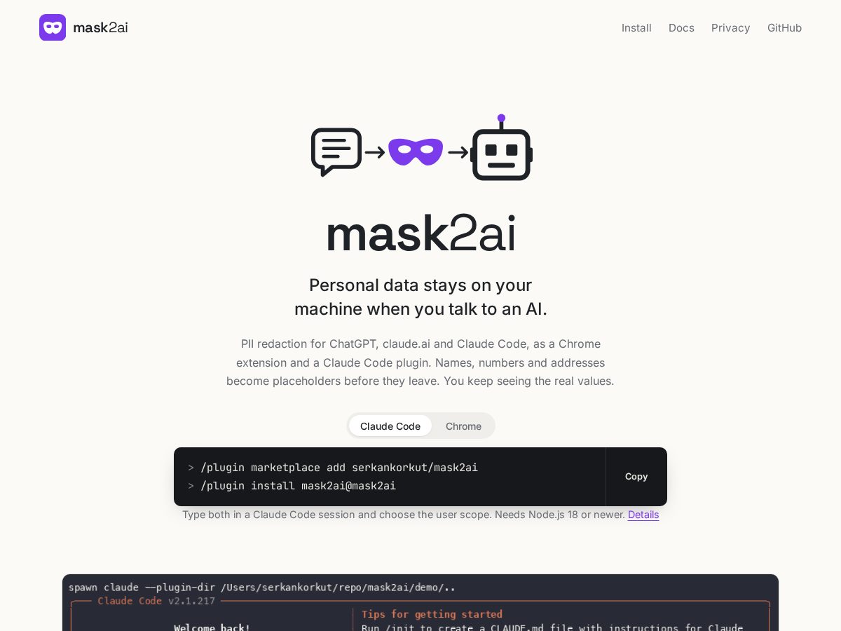 Landing-page snapshot of mask2ai.com
