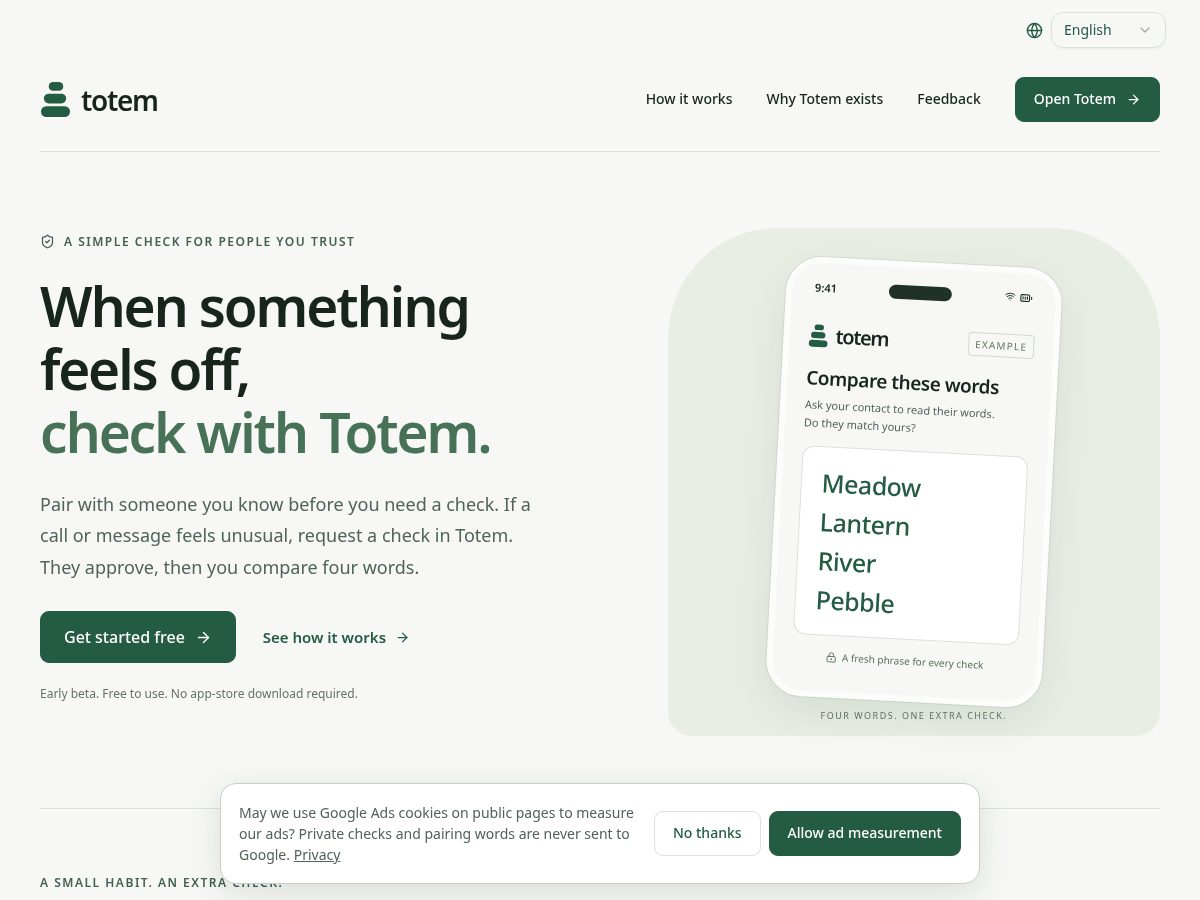 Landing-page snapshot of meettotem.com