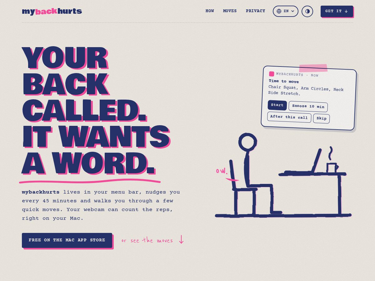 Landing-page snapshot of mybackhurts.app