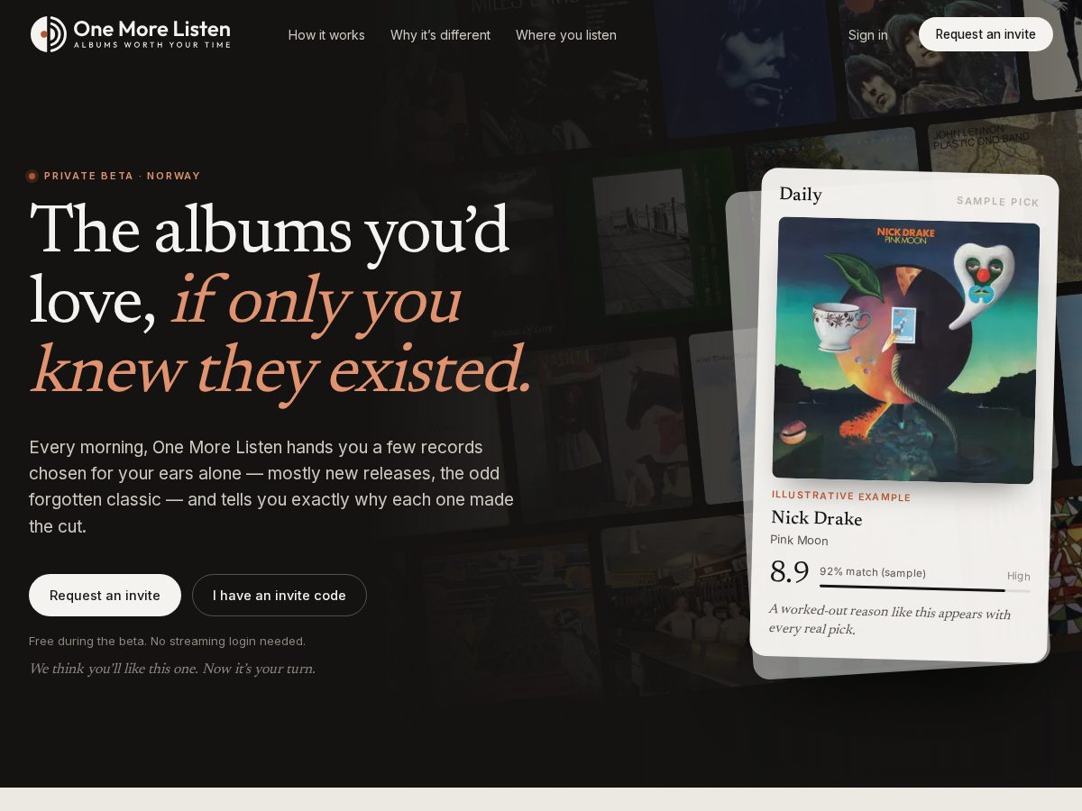 Landing-page snapshot of onemorelisten.com