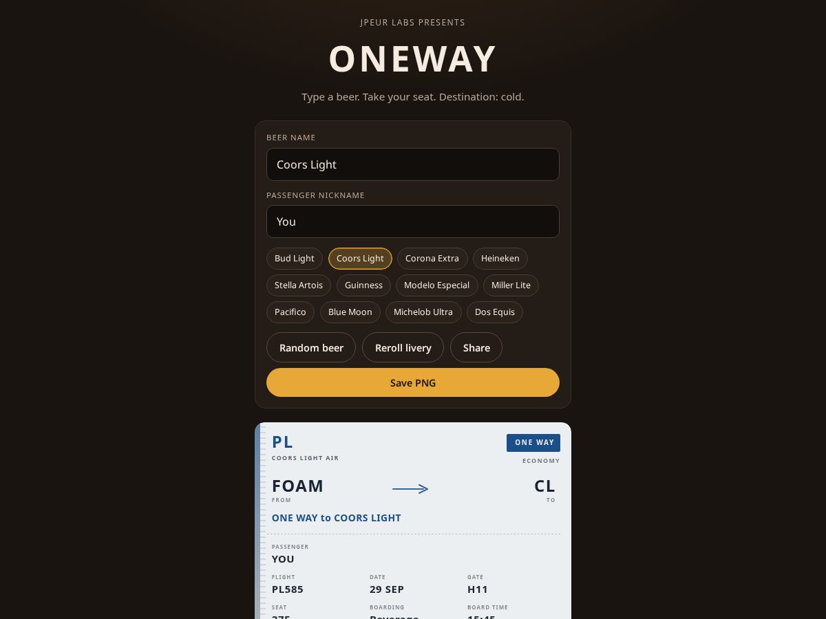 Landing-page snapshot of oneway.beer