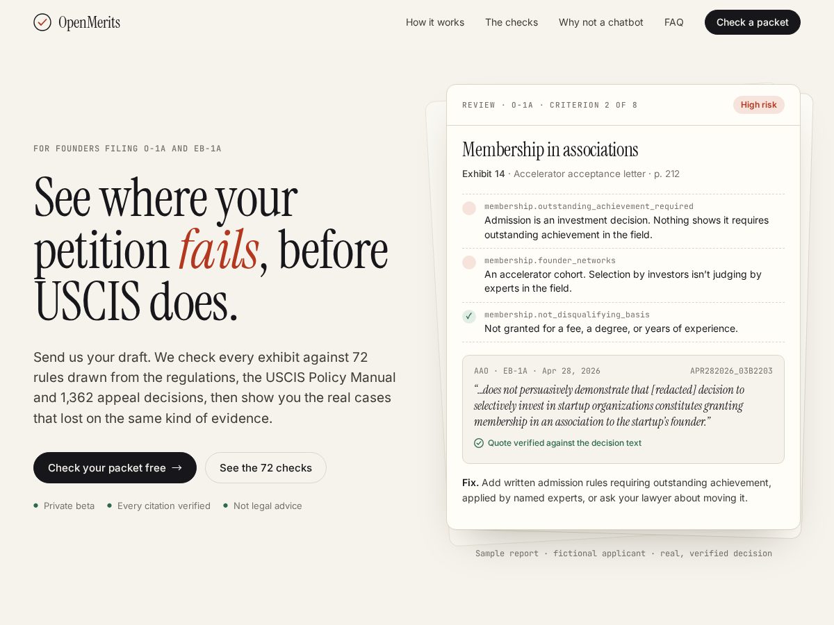 Landing-page snapshot of openmerits.com