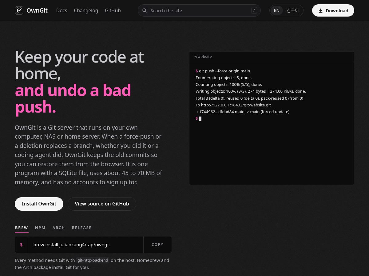Landing-page snapshot of owngit.app