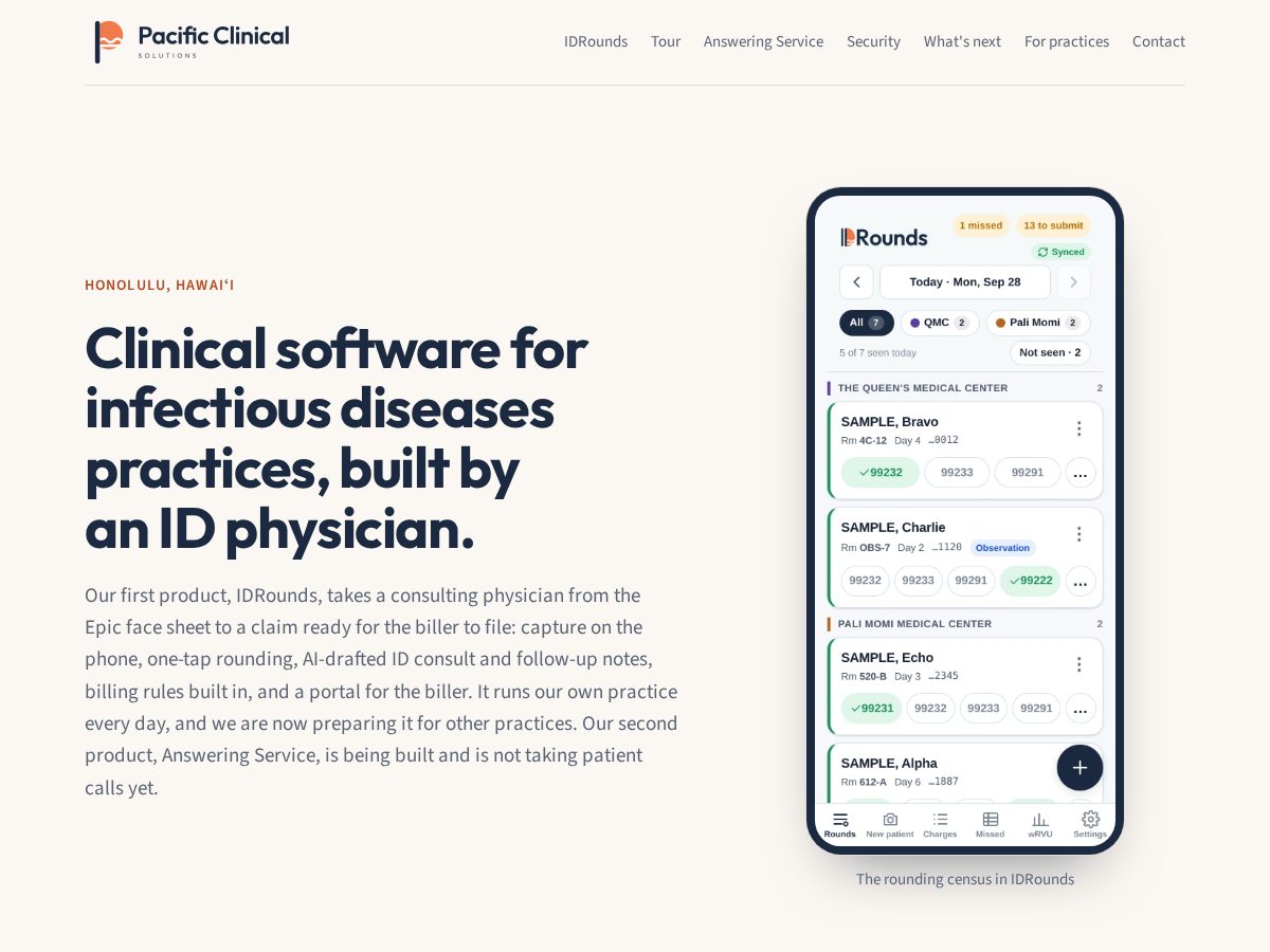 Landing-page snapshot of pacificclinicalsolutions.com