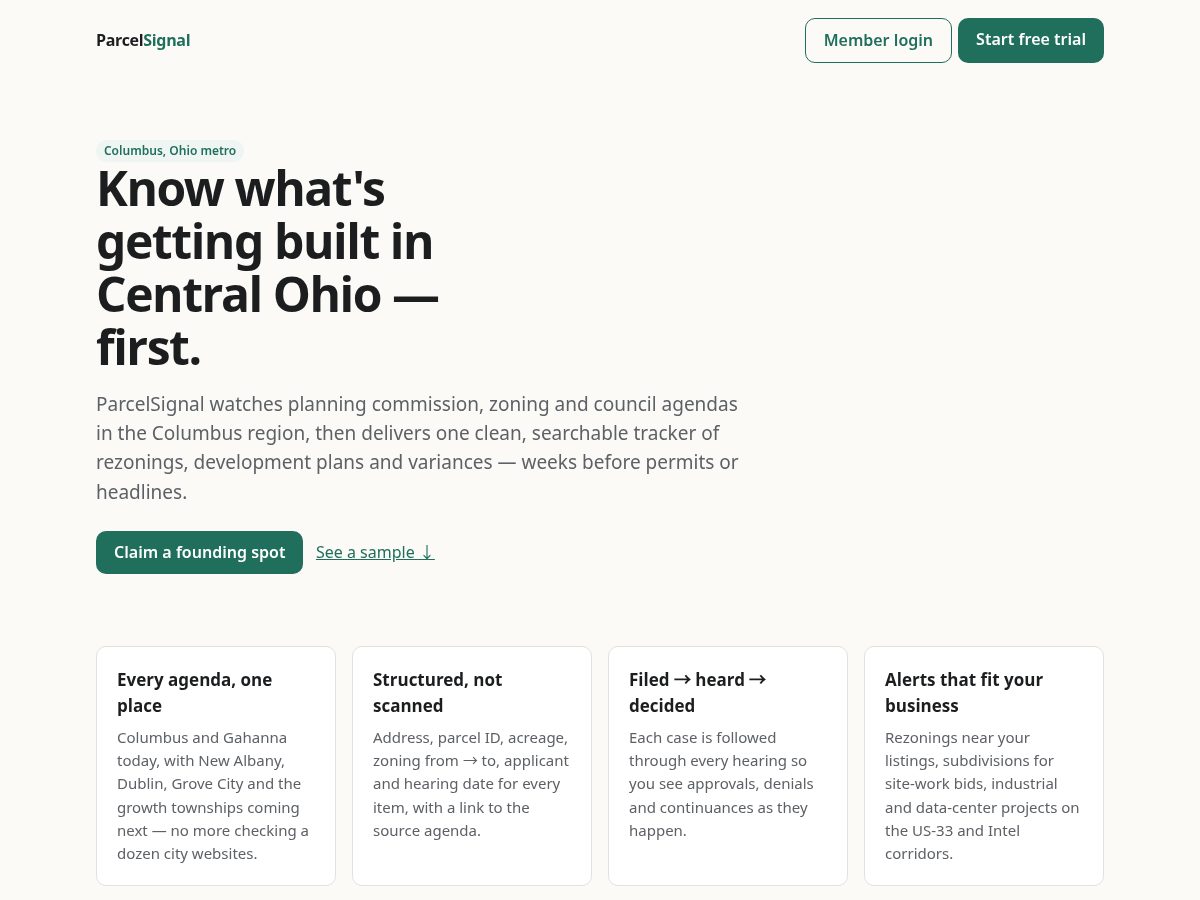 Landing-page snapshot of parcelsignalhq.com