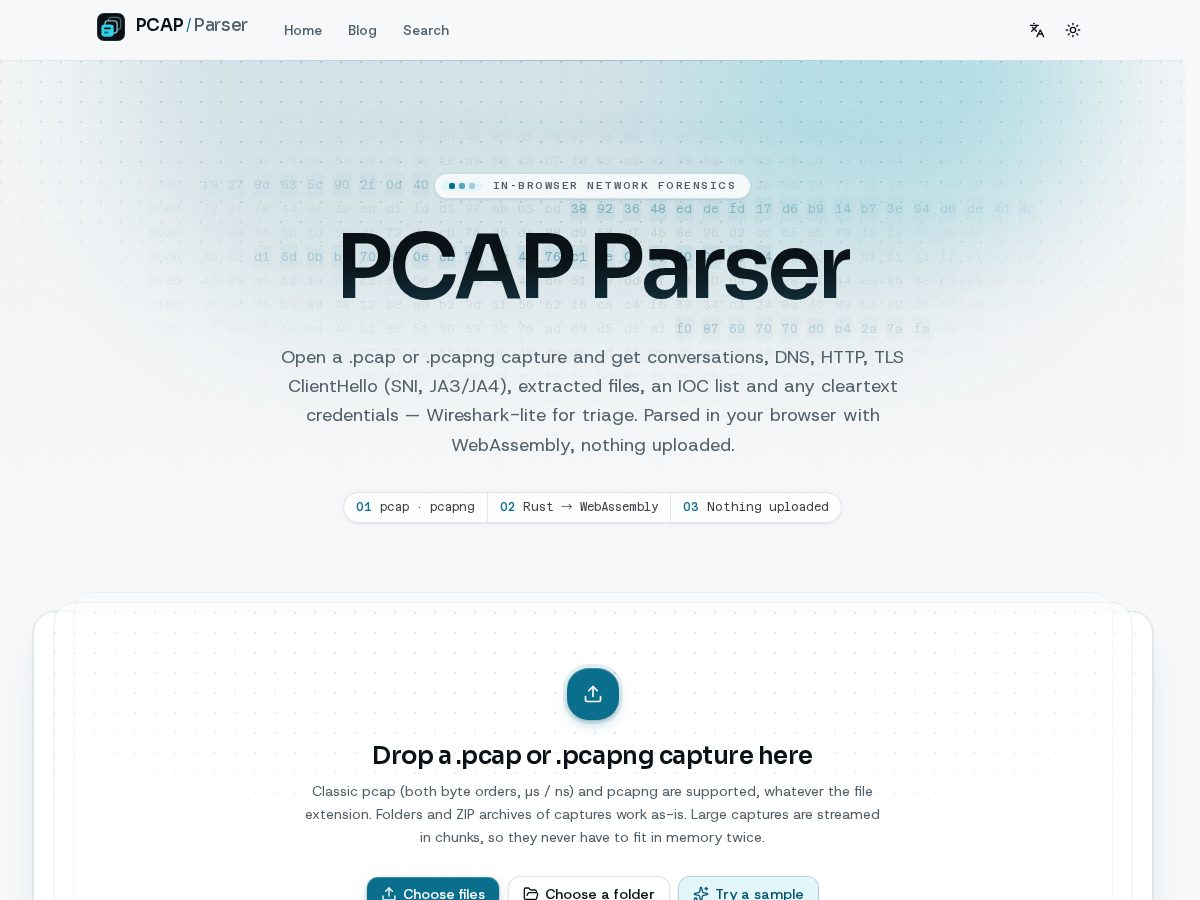 Landing-page snapshot of pcapparser.com
