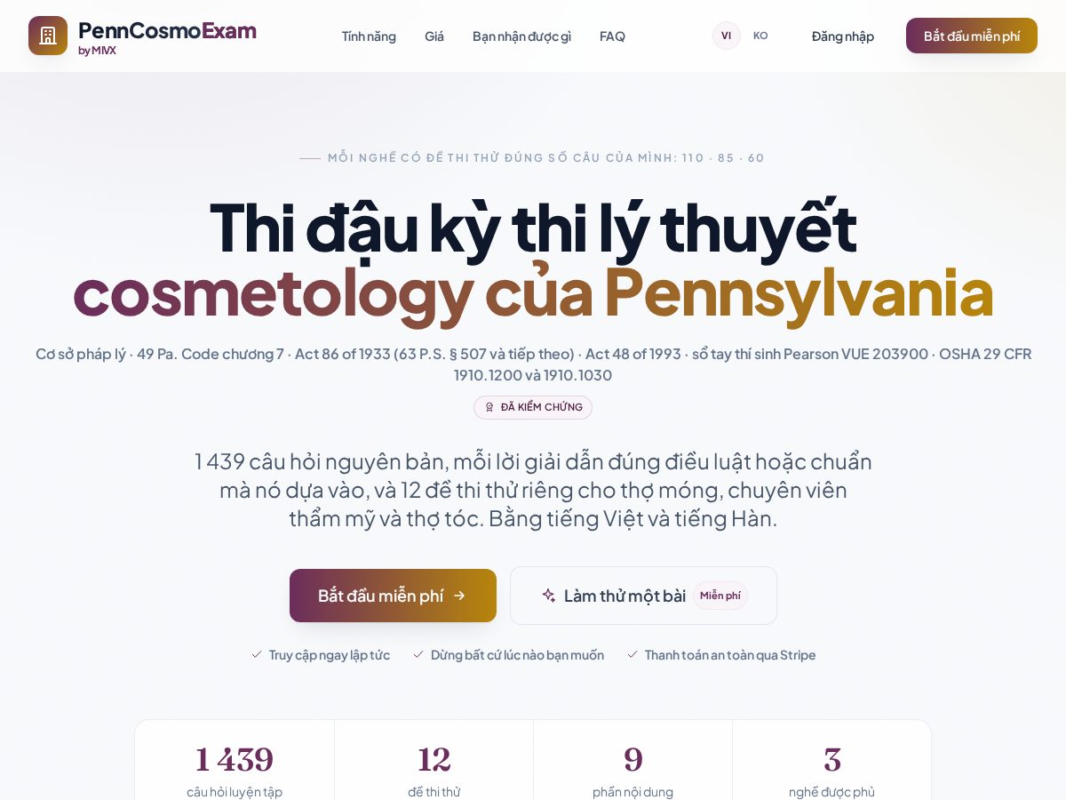 Landing-page snapshot of pennsylvaniacosmetologyexam.com