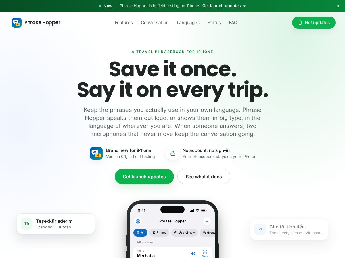 Landing-page snapshot of phrasehopper.com