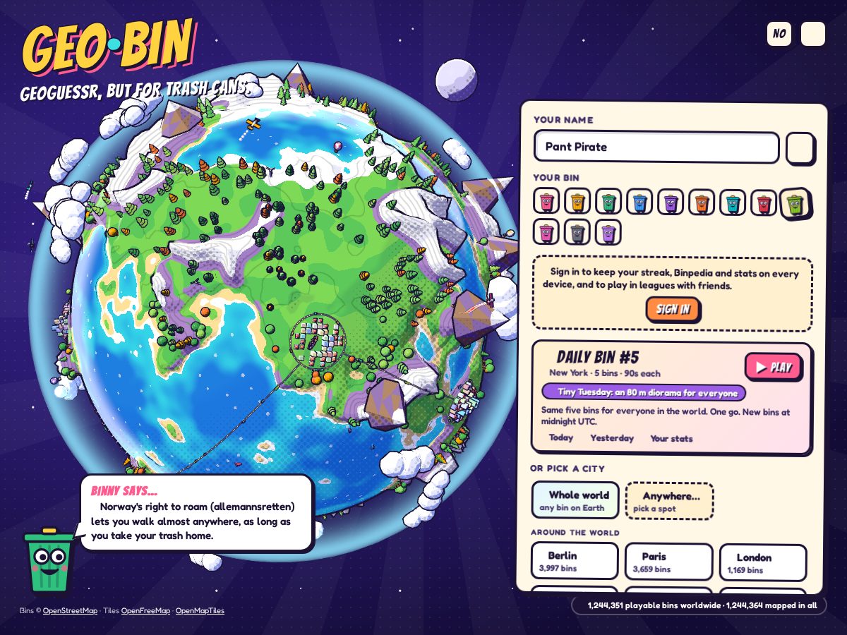 Landing-page snapshot of pinthebin.app