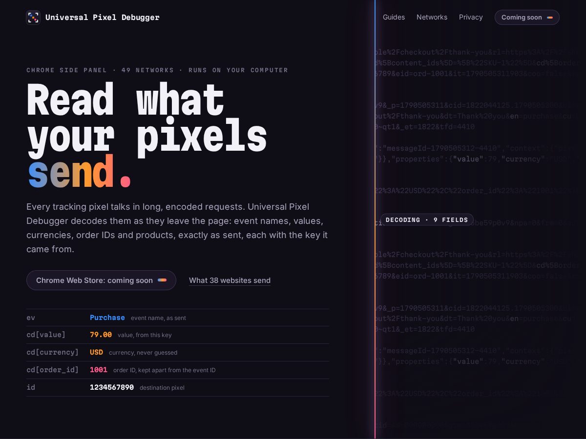Landing-page snapshot of pixeldebugger.com