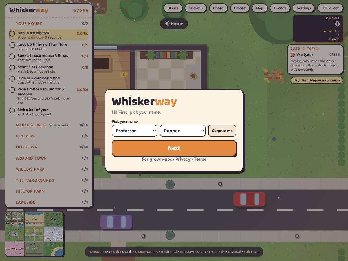 Landing-page snapshot of playwhiskerway.com