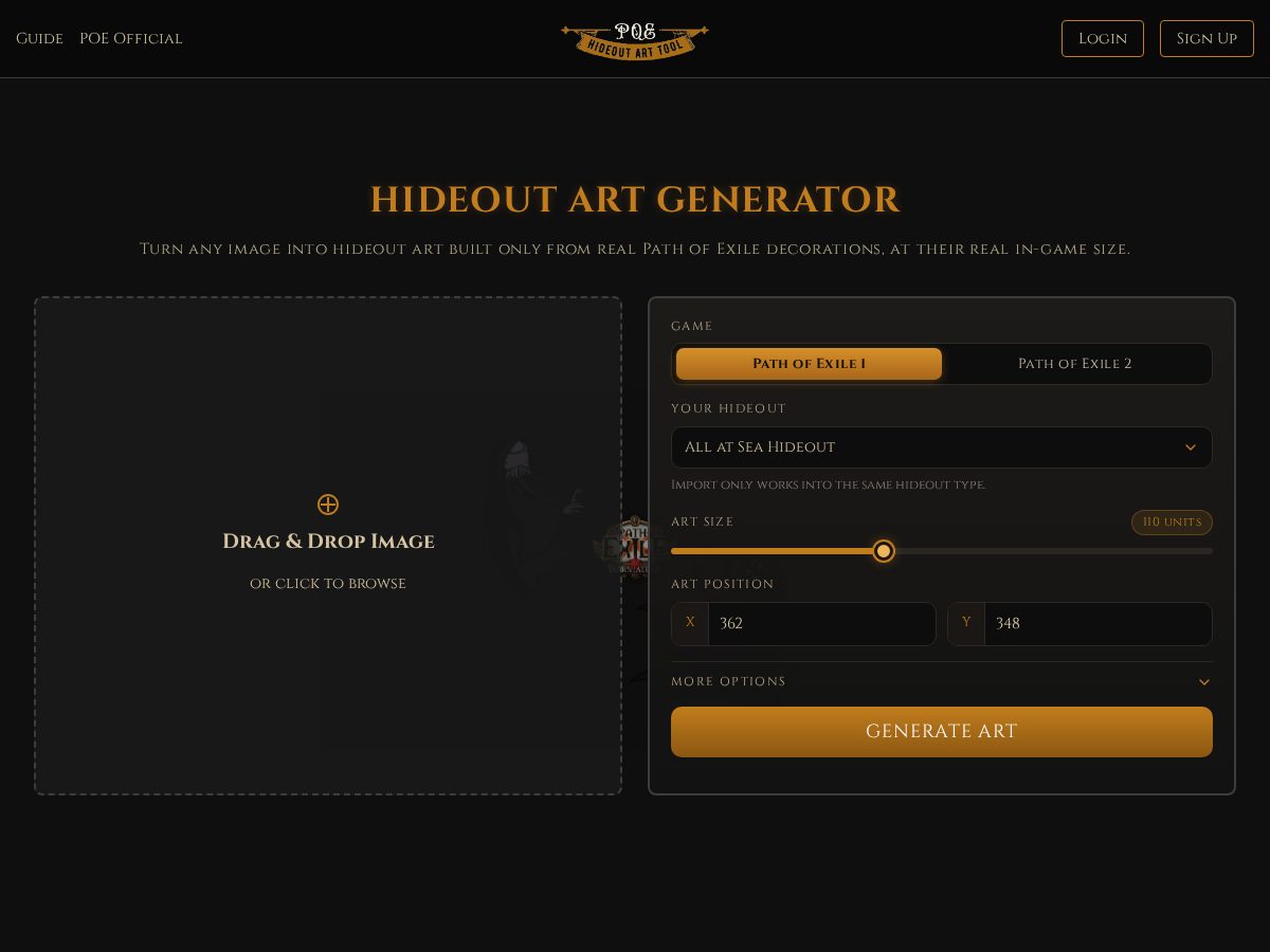 Landing-page snapshot of poehideoutart.com