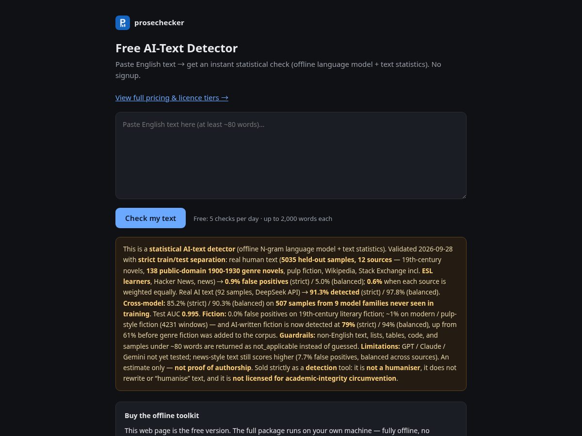 Landing-page snapshot of prosechecker.com