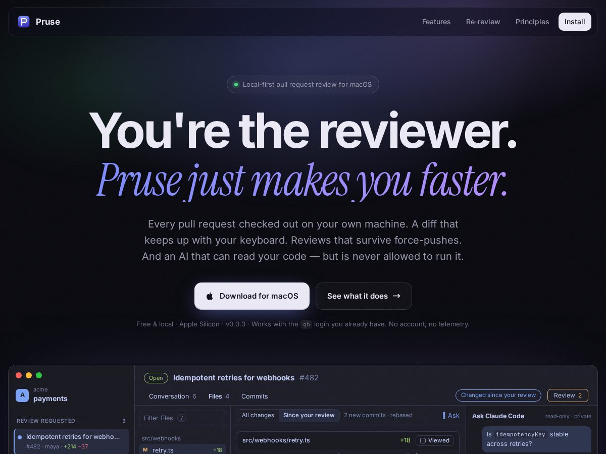 Landing-page snapshot of pruse.dev