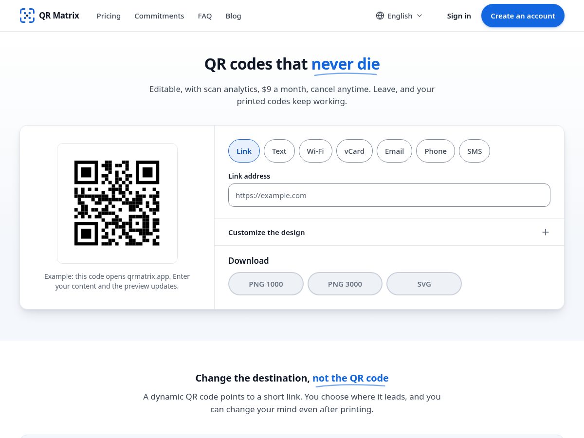 Landing-page snapshot of qrmatrix.app