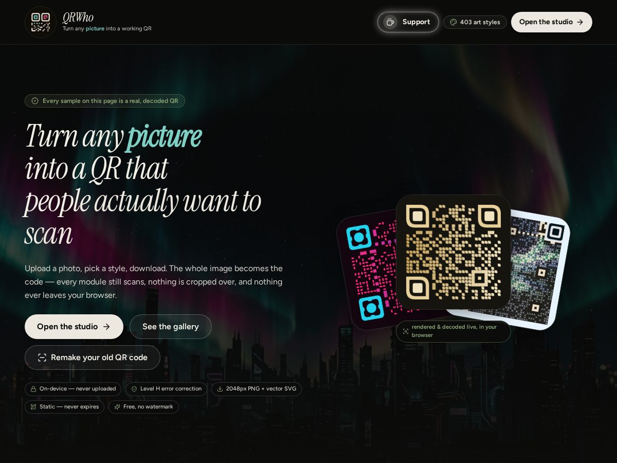 Landing-page snapshot of qrwho.online