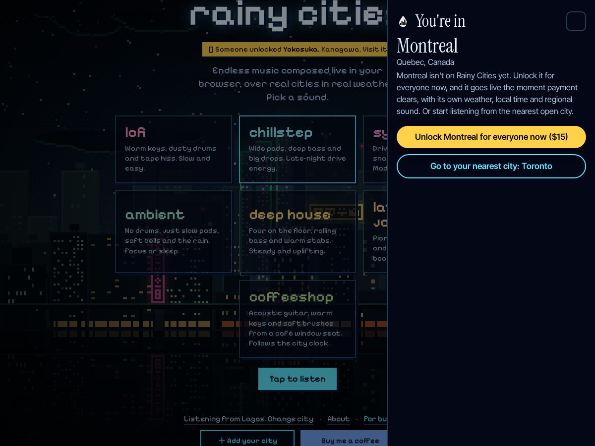 Landing-page snapshot of rainycities.com