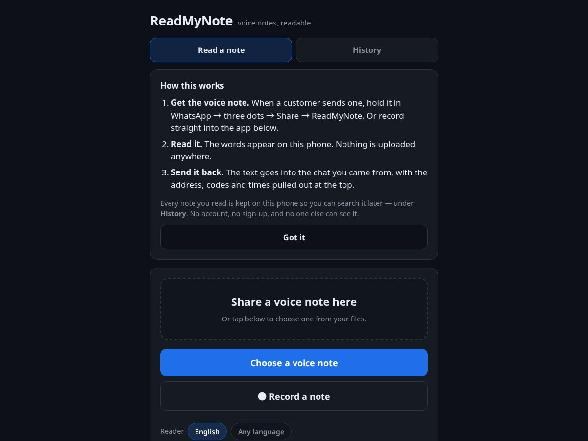 Landing-page snapshot of readmynote.app