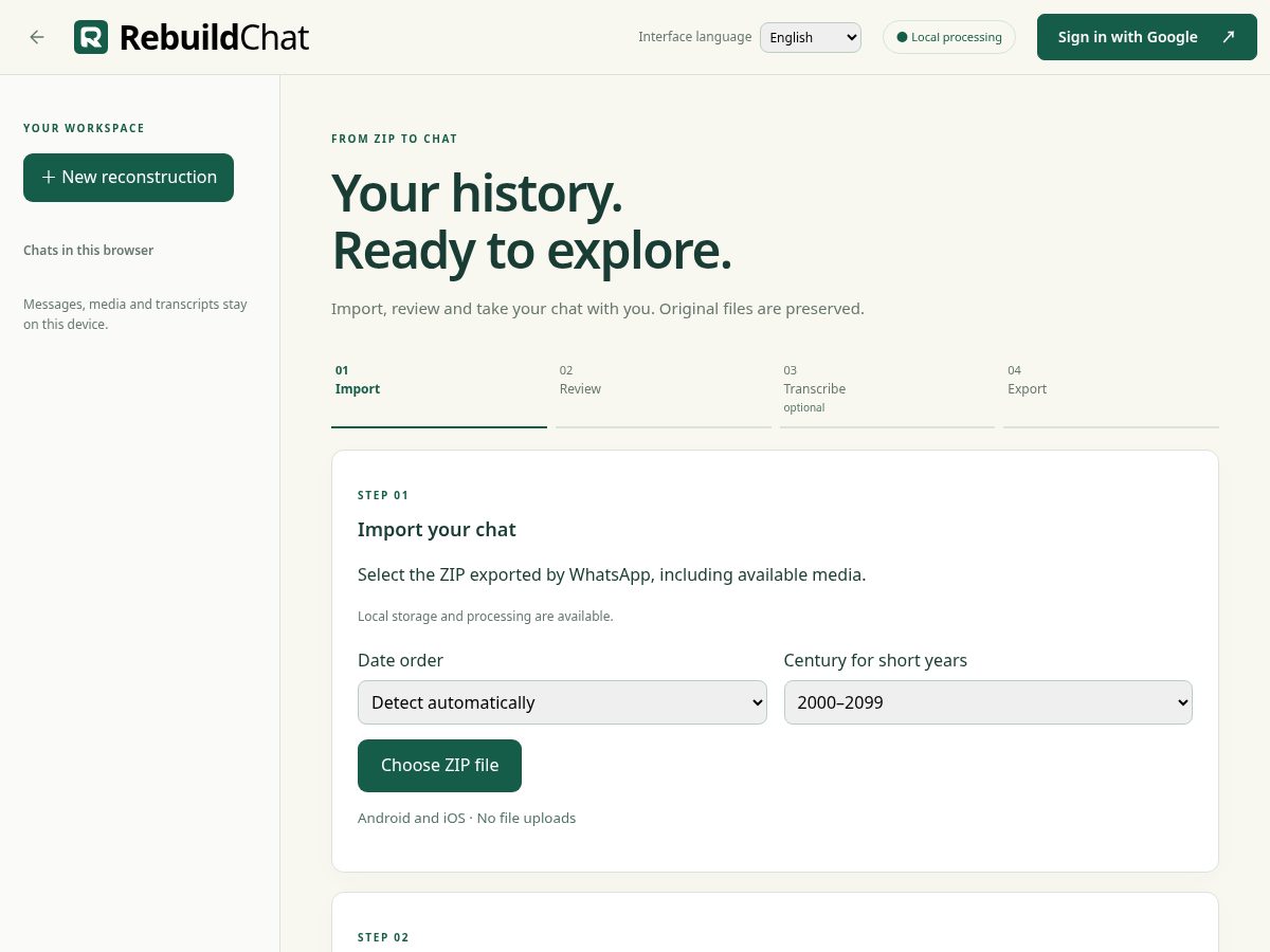 Landing-page snapshot of rebuildchat.app