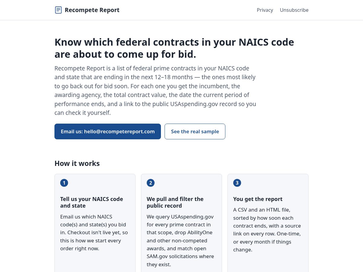 Landing-page snapshot of recompetereport.com