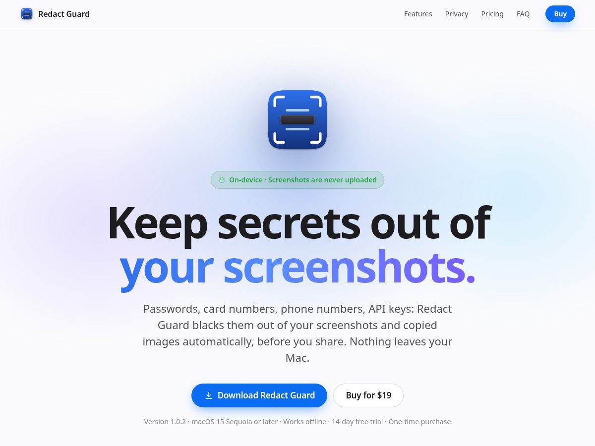 Landing-page snapshot of redactguard.app