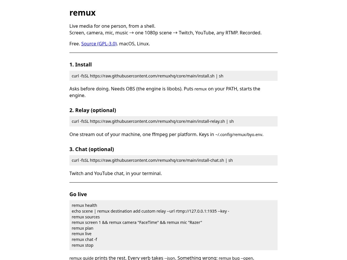 Landing-page snapshot of remux.live