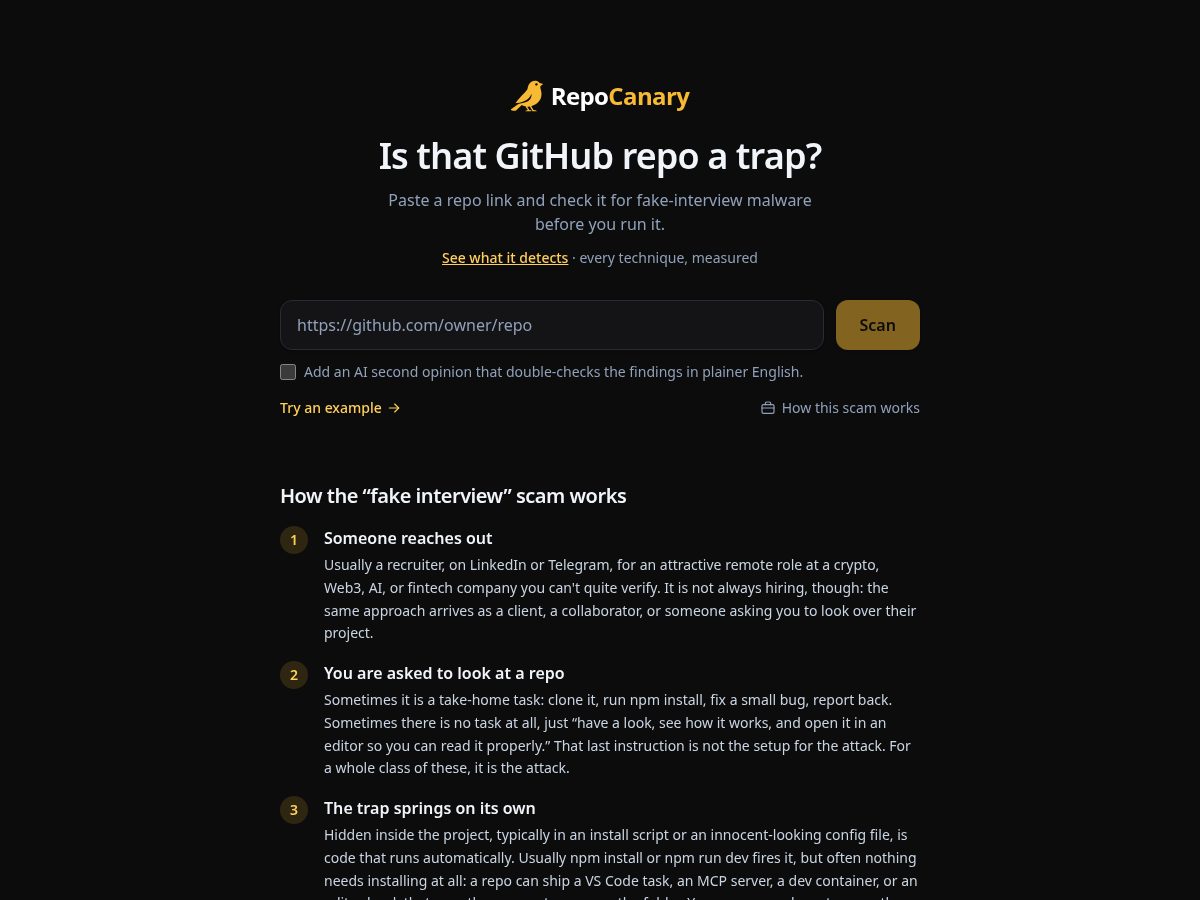 Landing-page snapshot of repocanary.com