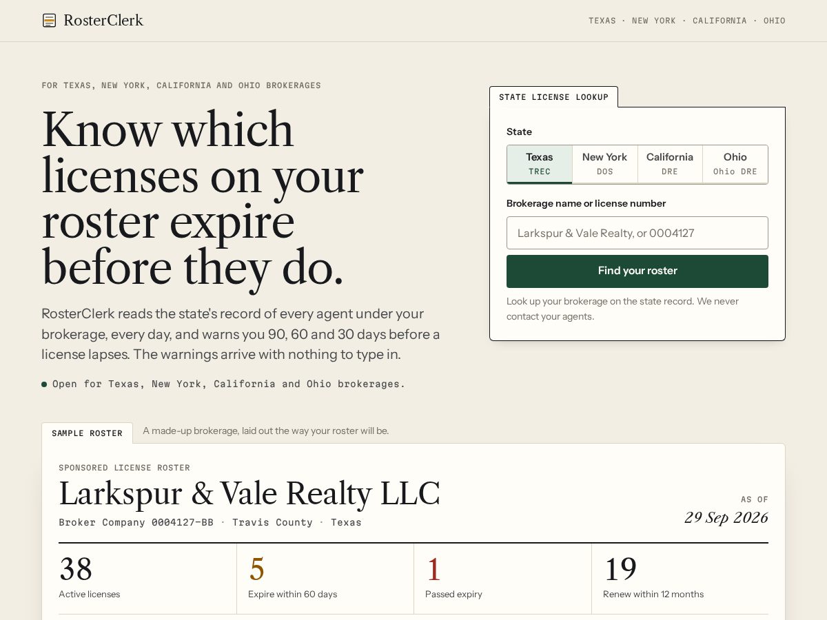 Landing-page snapshot of rosterclerk.app