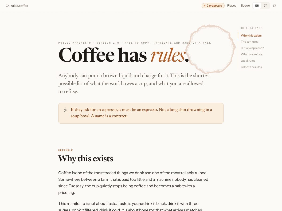 Landing-page snapshot of rules.coffee